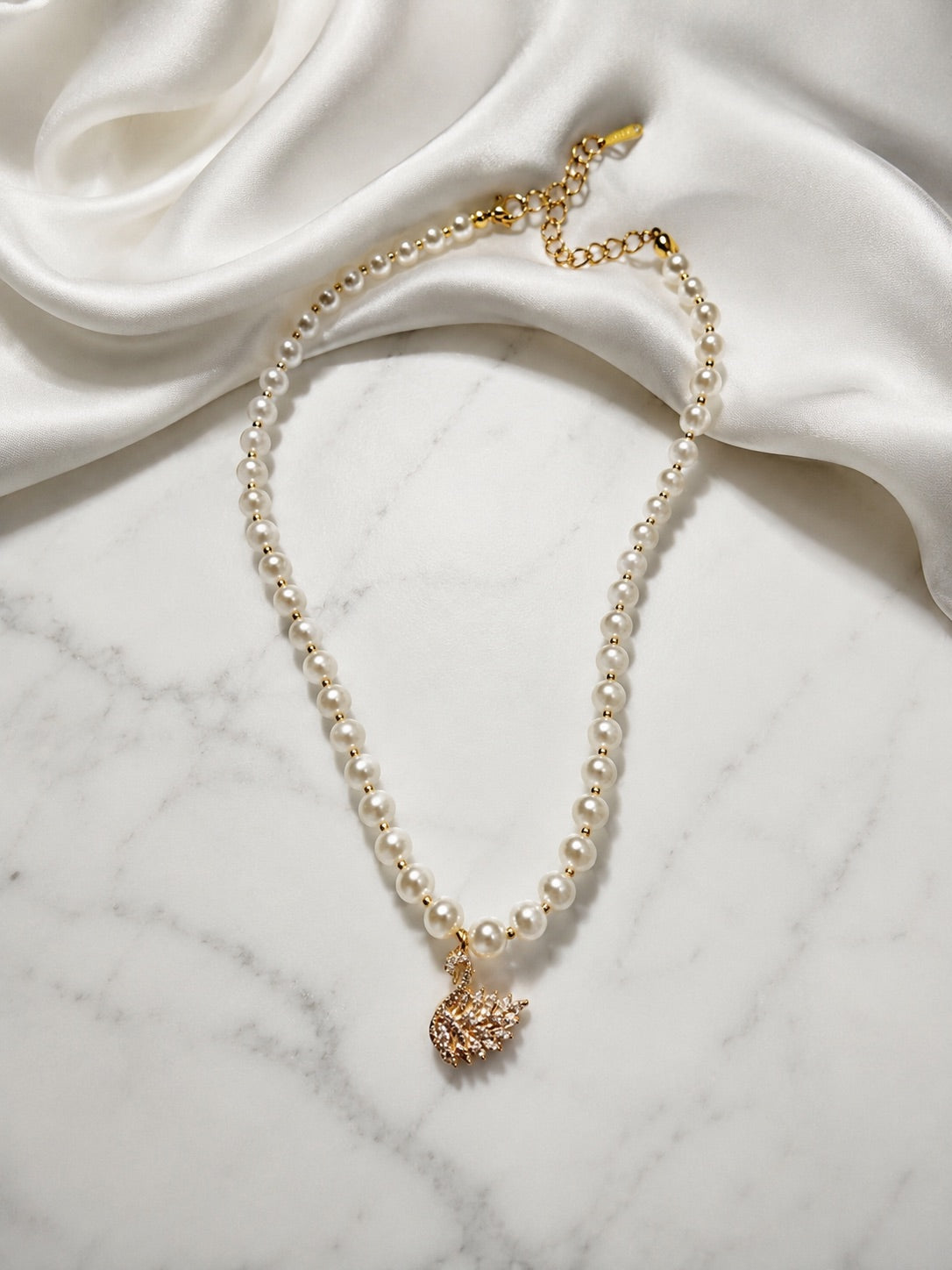 Crystal Swan Pearl Necklace